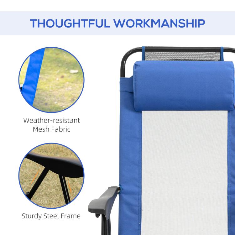 Blue folding patio dining chair back panel, weather-resistant mesh and steel frame