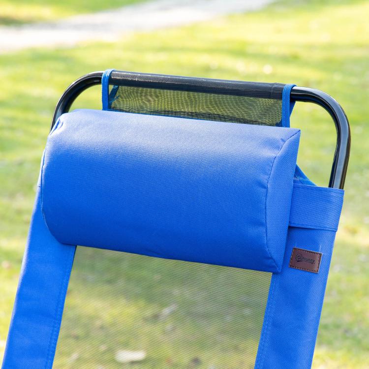 Blue folding patio dining chair headrest and mesh back panel with blue straps