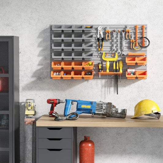 44 PCS Wall Mounted Pegboard Tool Organizer Rack Kit with Various Sized Storage Bins, Pegboard and Hooks, Orange