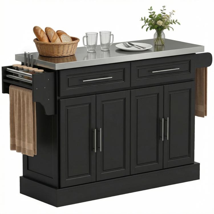 Black rolling kitchen island cart with two drawers and cabinet doors, stainless steel countertop