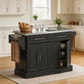 Black portable kitchen island cart with stainless steel countertop and open storage cabinet