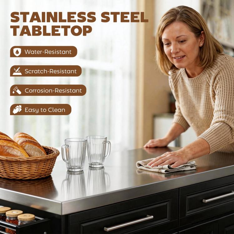 Stainless steel tabletop on black kitchen island cart with drawer and cabinet front