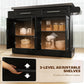 Black kitchen island cart with stainless steel top and 3-level adjustable shelves behind doors