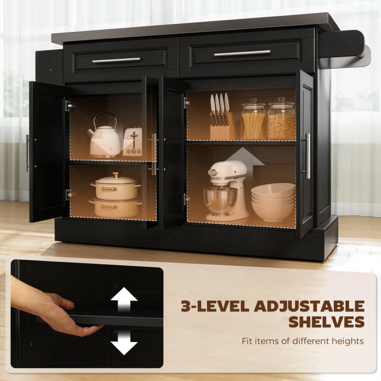 Black kitchen island cart with stainless steel top and 3-level adjustable shelves behind doors