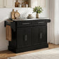 Black rolling kitchen island cart with stainless steel top and central cabinet doors