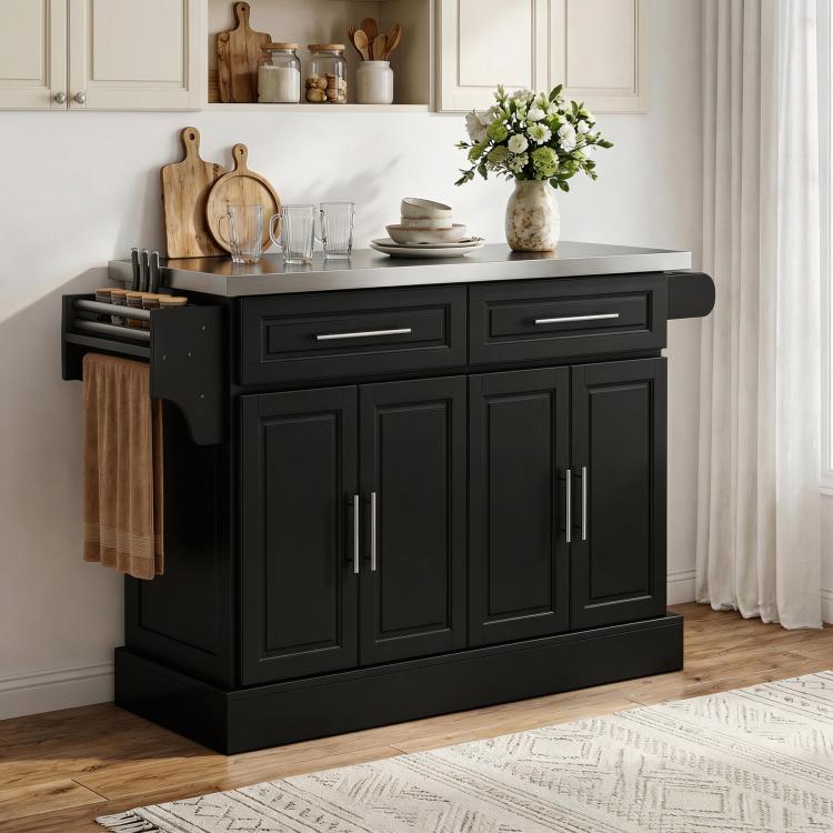 Black rolling kitchen island cart with stainless steel top and central cabinet doors