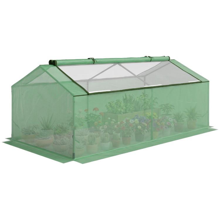 Green mini greenhouse with mesh sides and clear zippered front window