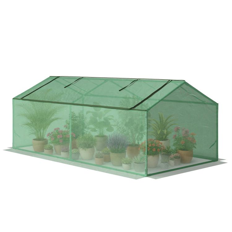 Portable green mini greenhouse with sloped roof and front mesh panel