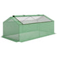Green mesh portable greenhouse with zippered window panels and hinged frame, side view