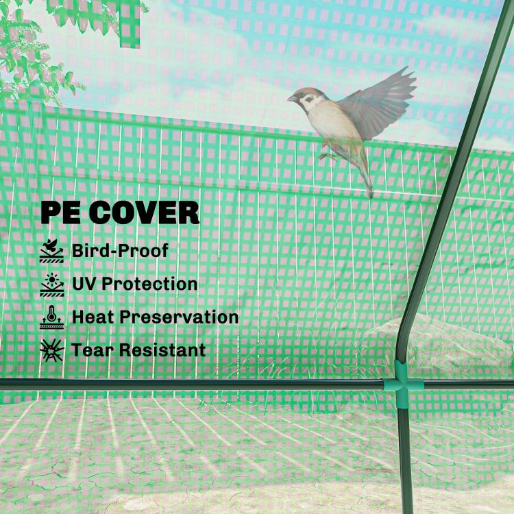Green mini greenhouse door section with transparent mesh wall and frame
