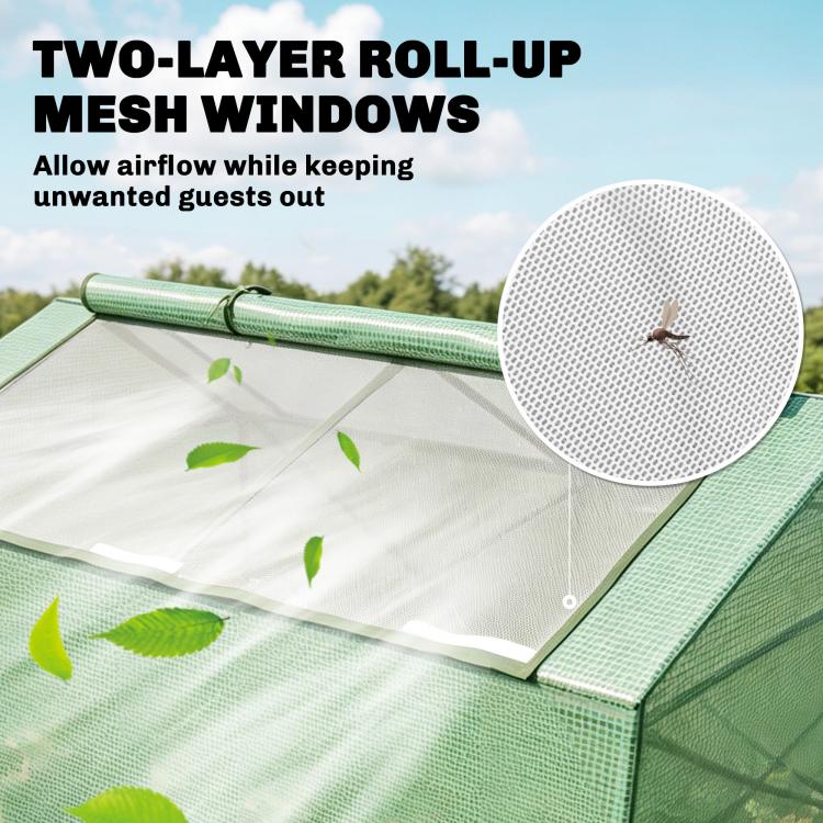 Green mini greenhouse with roll-up mesh window and transparent roof panel