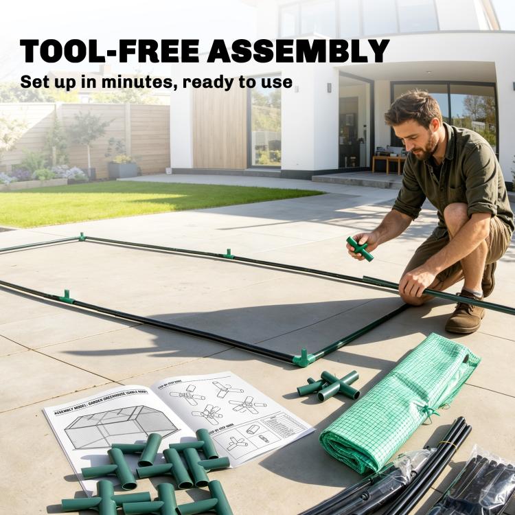 Green mini greenhouse frame and mesh cover with setup tools and parts