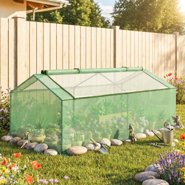 Green mini greenhouse with transparent mesh walls and clear roof panel