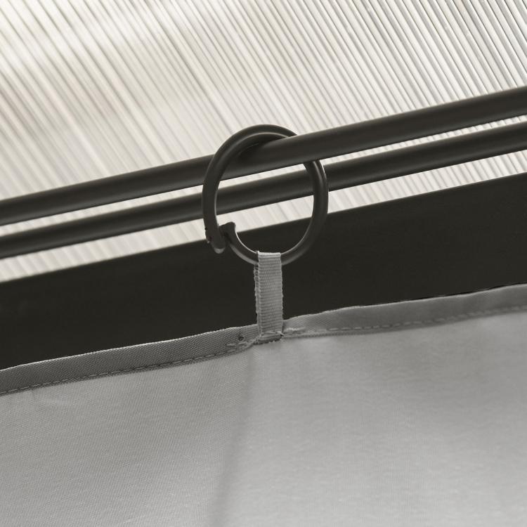 Gray gazebo sidewall panel with black C-ring hook attachment at top seam