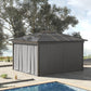 Gray gazebo with attached sidewall curtains and scalloped fabric edge