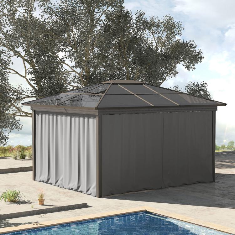 Gray gazebo with attached sidewall curtains and scalloped fabric edge
