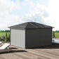 Gray gazebo with one sidewall curtain panel attached