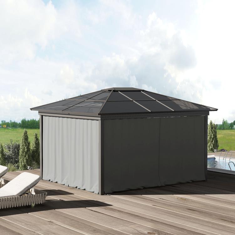 Gray gazebo with one sidewall curtain panel attached