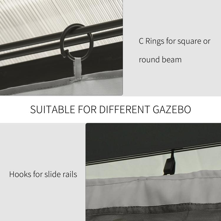 C-ring and hook attachment detail on gray gazebo sidewall fabric