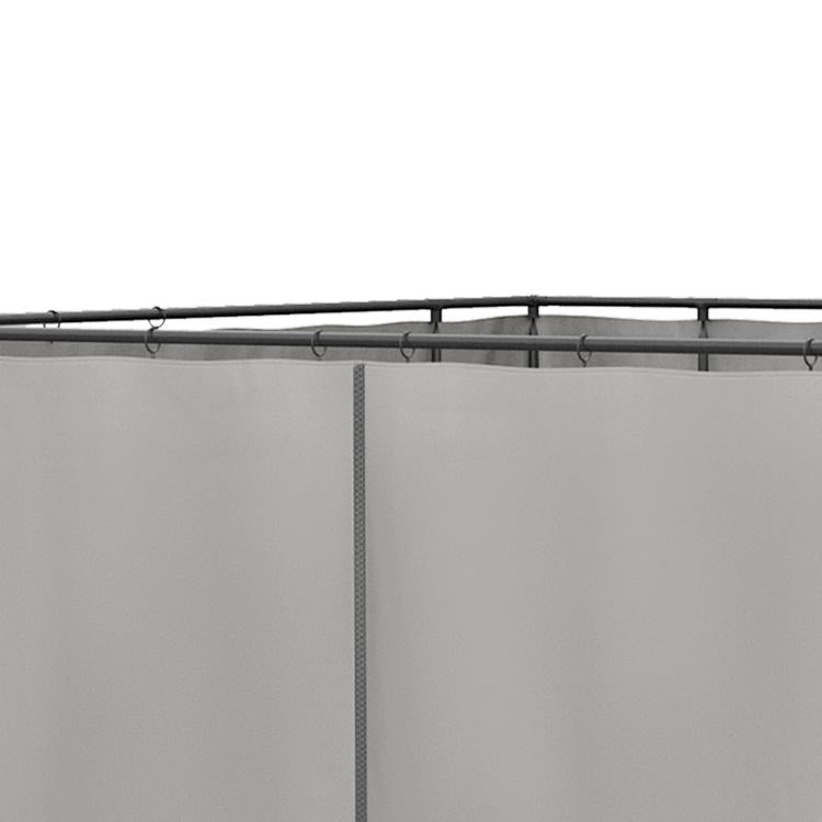 Gray sidewall edge with stitched border and metal top rail hooks