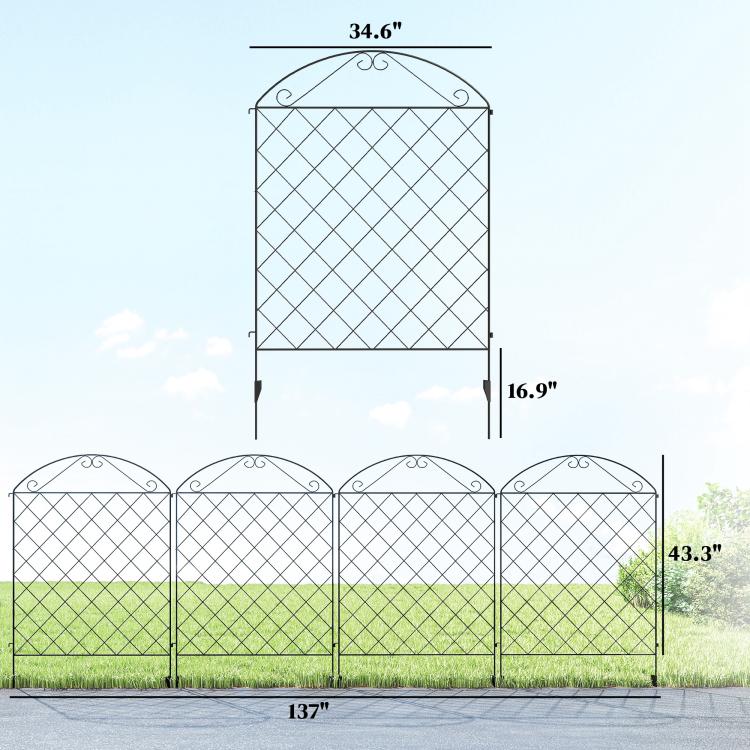 Four steel fence panels with arched tops, diamond mesh, and height guide