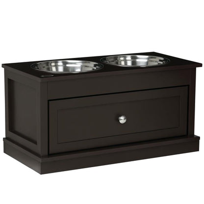 Brown elevated dog bowl stand with two stainless steel bowls and front drawer