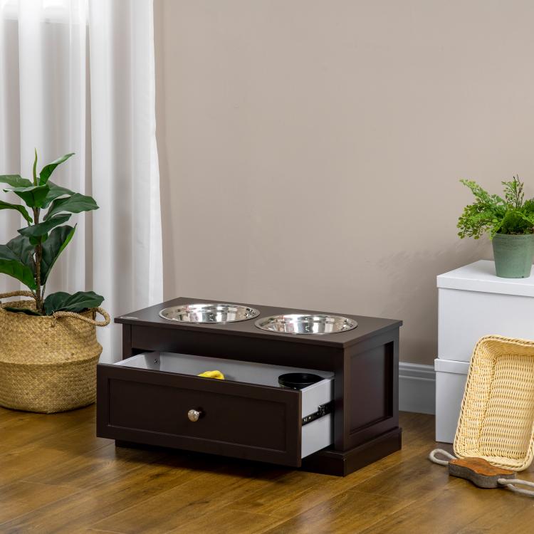 Raised dog feeding station with two stainless bowls and front storage drawer, dark brown