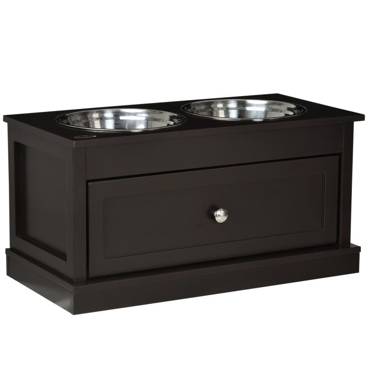 Raised dog feeding station with two stainless bowls and front drawer knob, dark brown