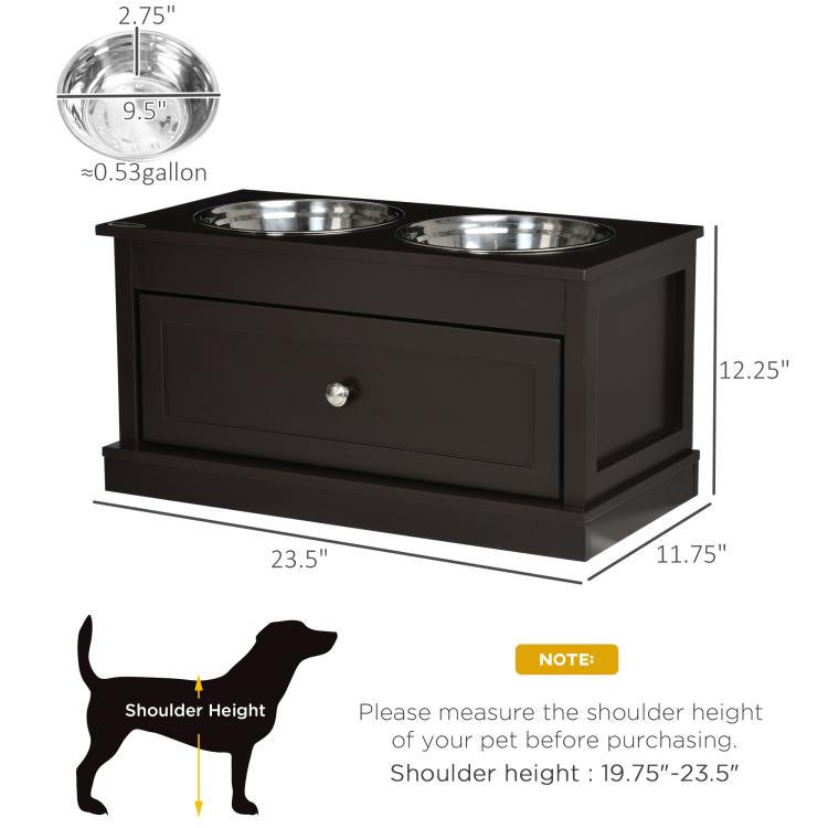 Brown raised dog bowl stand with two stainless steel bowls, size diagram