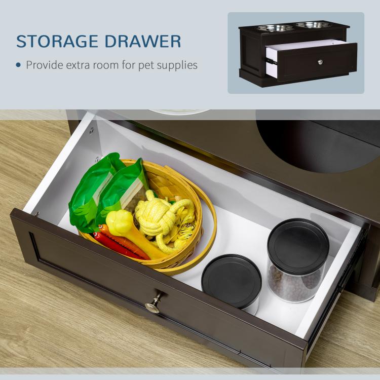 Brown dog bowl stand with storage drawer open, holding pet supplies