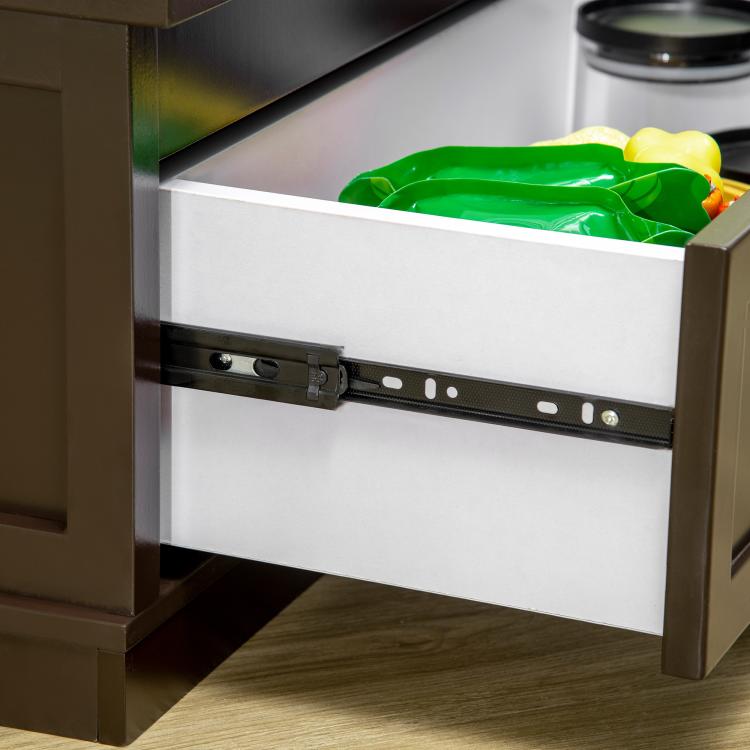 Open storage drawer for brown elevated dog bowl stand