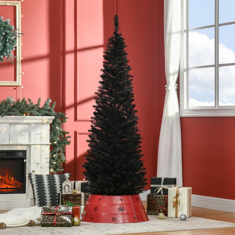 Black slim artificial pencil Christmas tree with dense branches and three-prong plastic stand