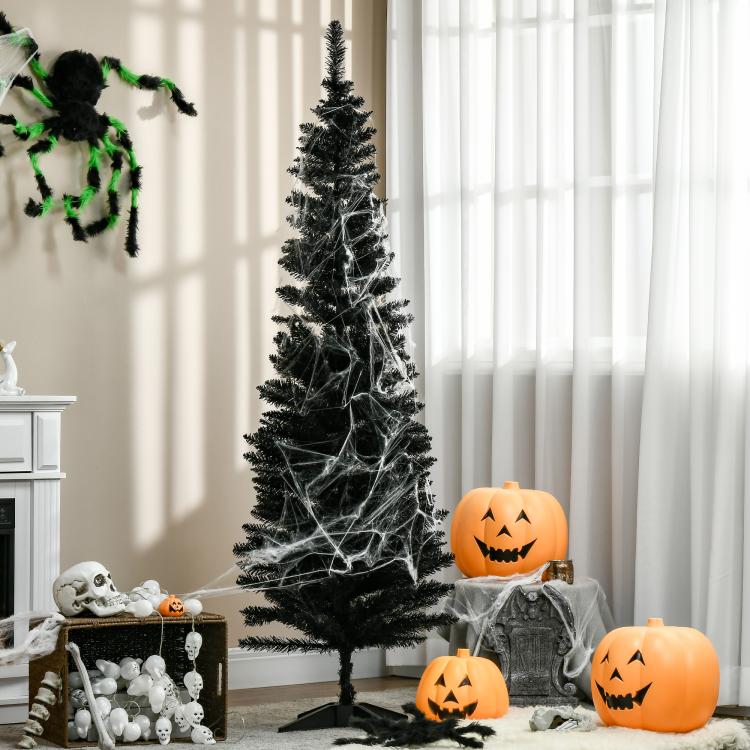 Black slim artificial pencil Christmas tree with dense needle tips and three-prong plastic stand