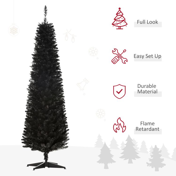 Slim black artificial pencil Christmas tree with full-height dense branches and three-prong base
