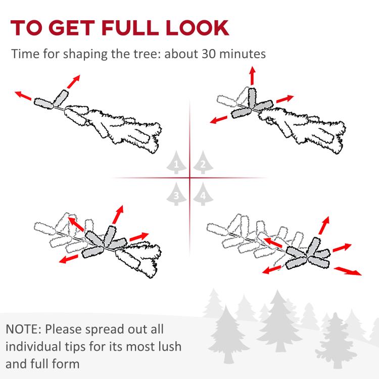 Artificial pencil Christmas tree with spread tips shown in step-by-step shaping diagram