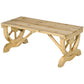 Natural wood wagon-wheel outdoor bench with slatted seat and curved end supports