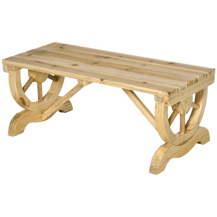Natural wood wagon-wheel outdoor bench with slatted seat and curved end supports