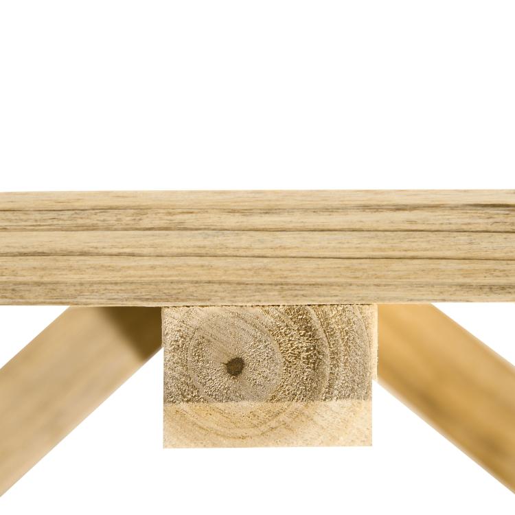 Natural wood bench seat slats with visible join and support braces