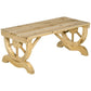Natural wood outdoor bench with wagon-wheel style end supports