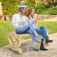 Natural wood outdoor bench with wheel-shaped legs, styled for two seated people