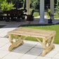 Natural wood garden wagon-wheel bench with slatted seat, on outdoor patio tiles