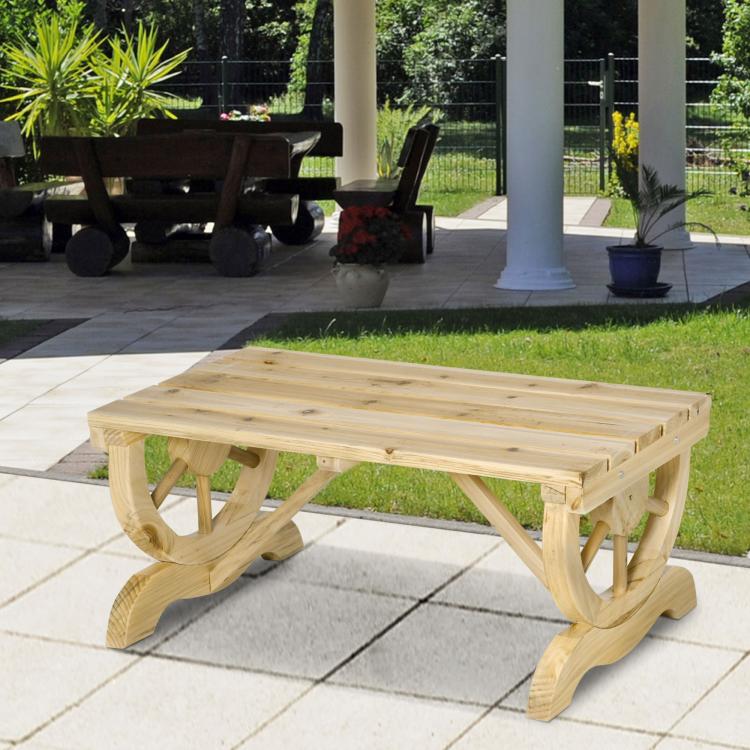 Natural wood garden wagon-wheel bench with slatted seat, on outdoor patio tiles