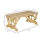 Natural wood outdoor bench shown with size measurements and wheel-shaped legs