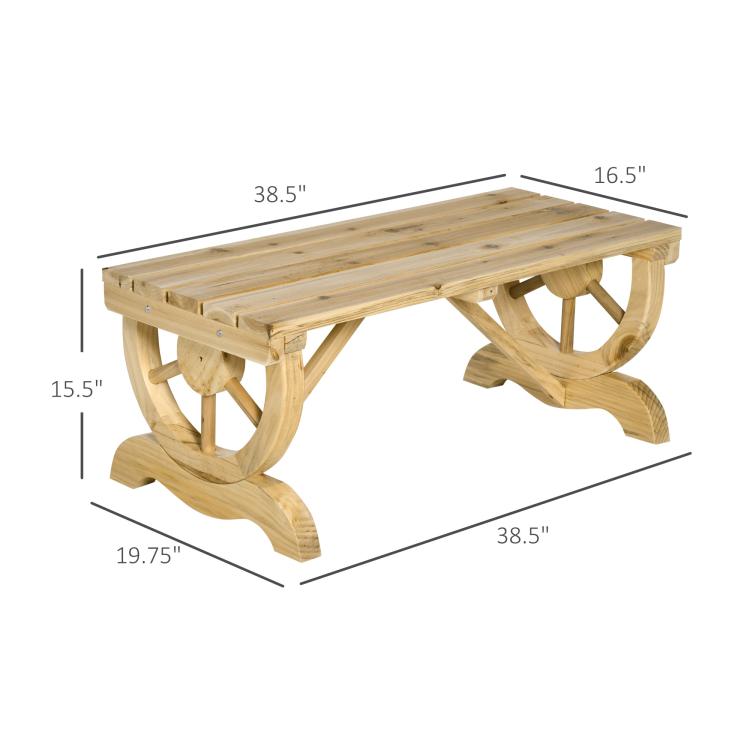 Natural wood outdoor bench shown with size measurements and wheel-shaped legs