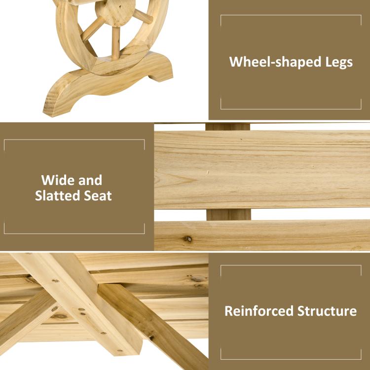Natural wood bench details: wheel-shaped legs, wide slatted seat, reinforced frame