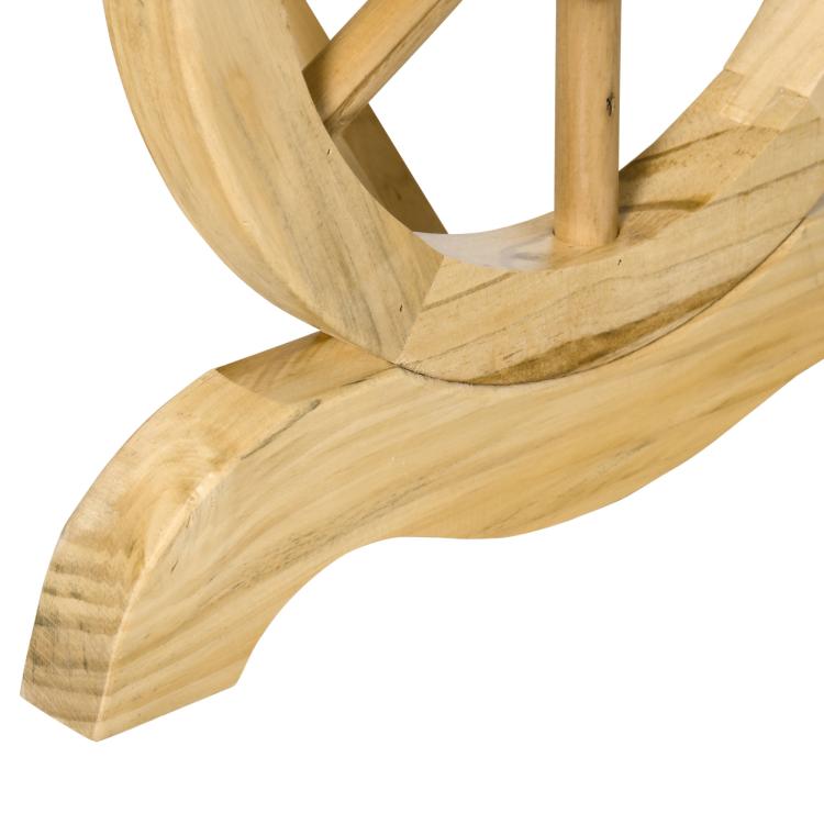 Natural wood wagon-wheel bench leg close-up with curved support beam