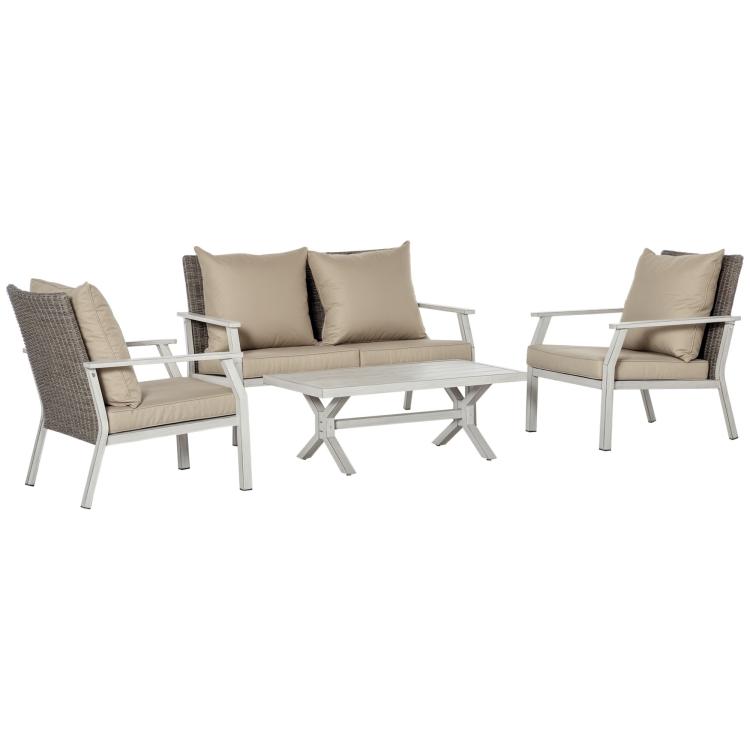 Outdoor conversation sofa set with beige cushions and white square coffee table