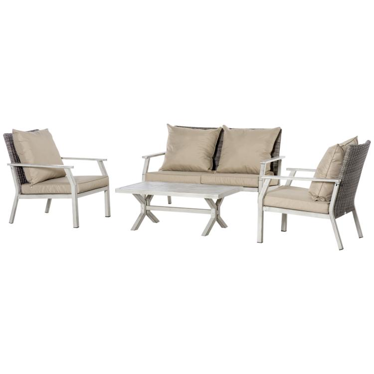 Outdoor wicker conversation sofa set with beige seat and back cushions, glassless table