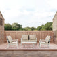 Outdoor patio furniture set with beige cushions, two armchairs, and center table