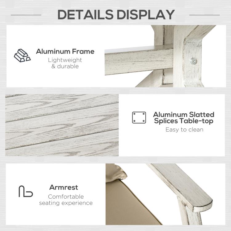 Outdoor patio set details showing white aluminum frame and armrest design